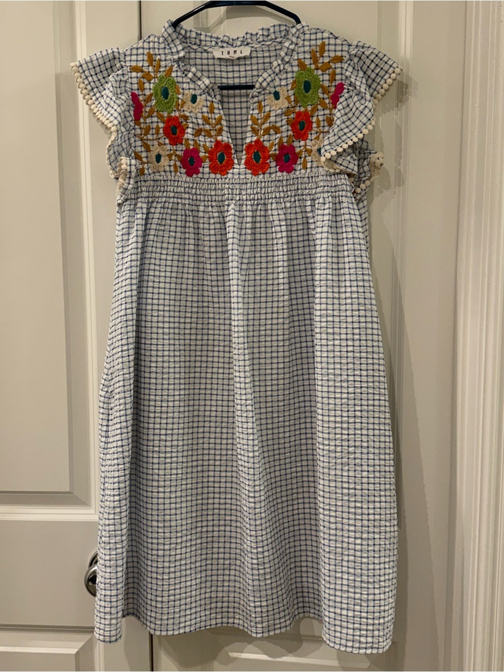 THML Gingham Floral Embroidered Dress with V Notch Neckline